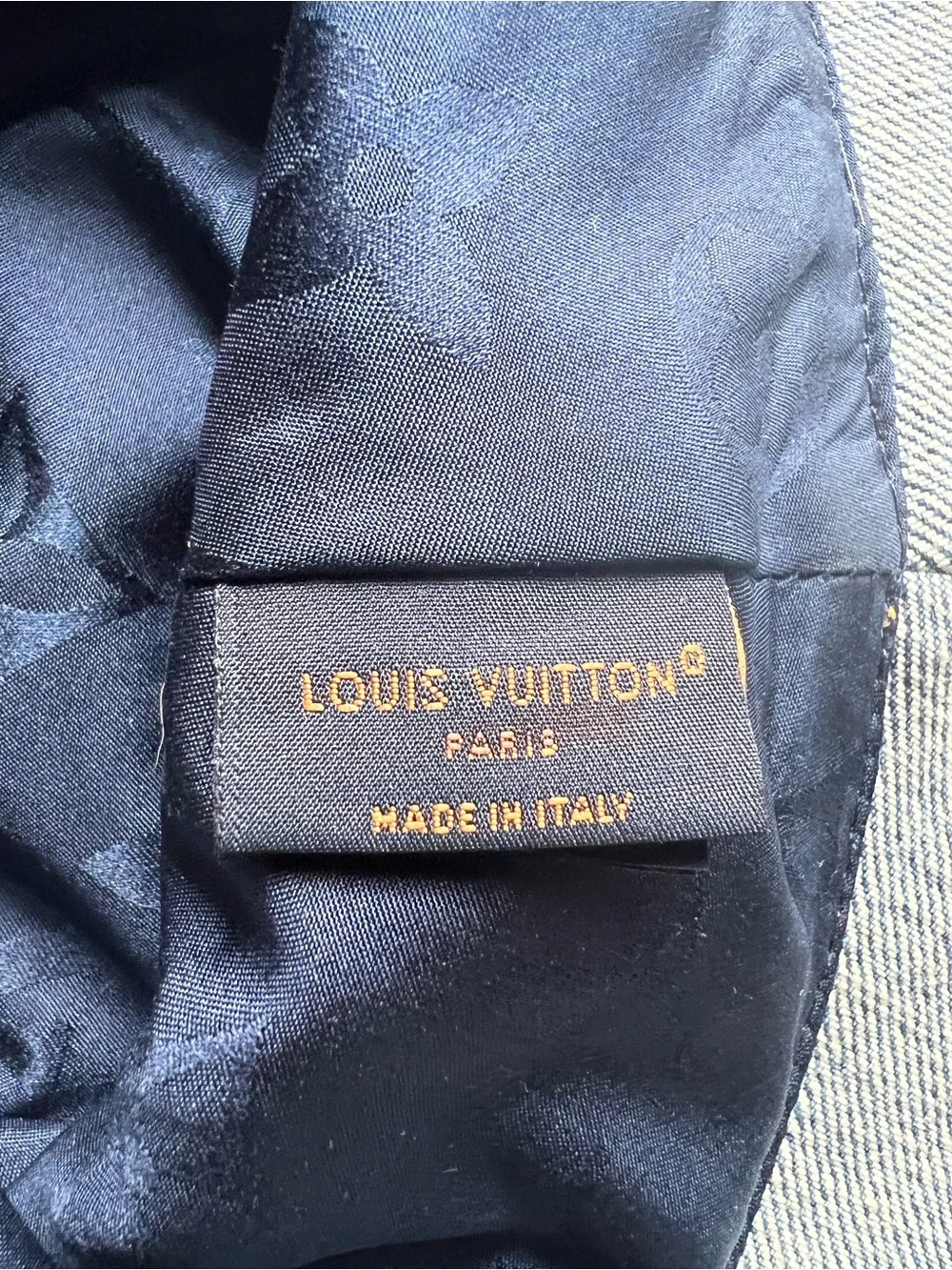 Louis Vuitton Blue Denim Bucket Hat with Tan Leather Monogram